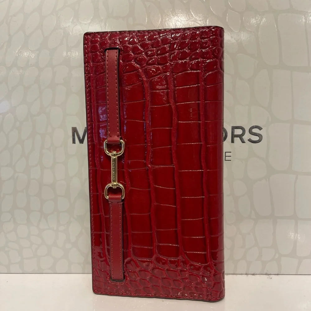 MICHAEL KORS Carson Large Snap Crocodile Embossed Bifold Wallet Cherry  NWT